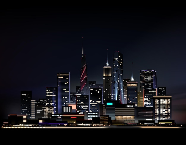 realistische Nachtstadtlandschaft mit Wolkenkratzern