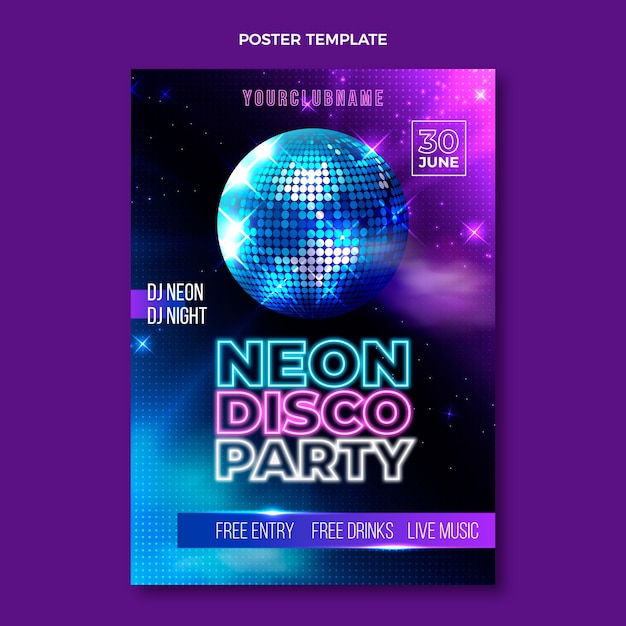 Vektor realistische neon-disco-party-poster-vorlage