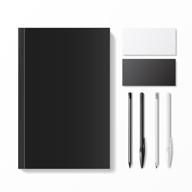 Realistische Office-Branding-Vorlage Stift Bleistift Visitenkarten-Notizbuch