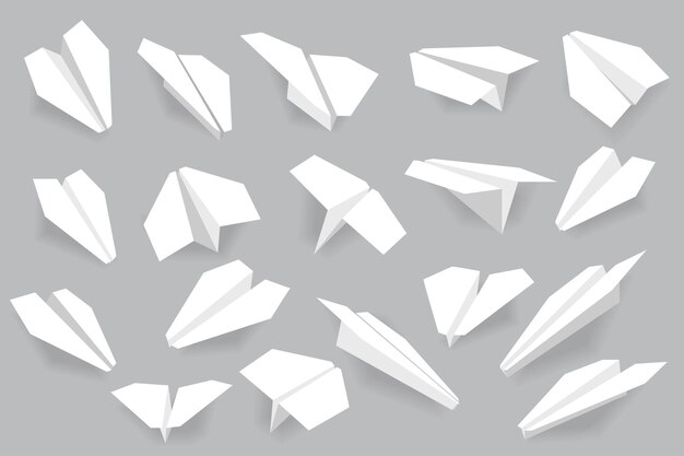 Vektor realistische papierflugzeuge mega-set in flachem design bündel elemente verschiedener ansichten von weißen handgefertigten origami-flugzeugen für geschäftsideen oder botschaften singt vektorillustration isolierte grafische objekte