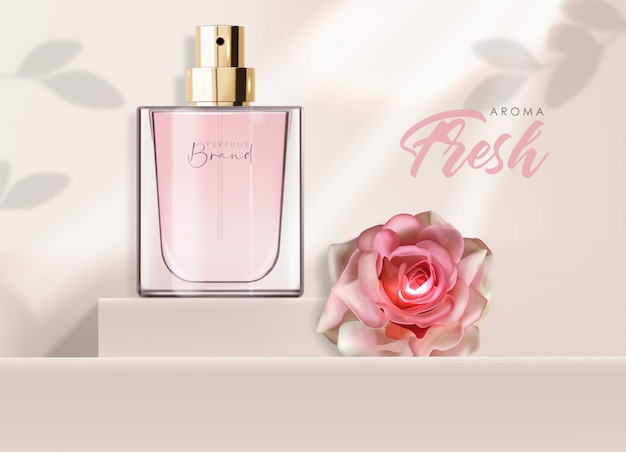 Realistische Parfümflasche und Rose, isolierter Behälter, elegantes Design, Verpackung, flüssiges Blumenaroma, neue Produktillustration