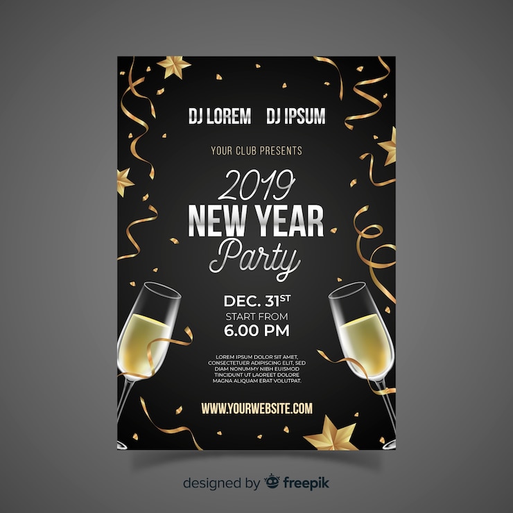 Vektor realistische party plakatschablone des neuen jahres des champagners