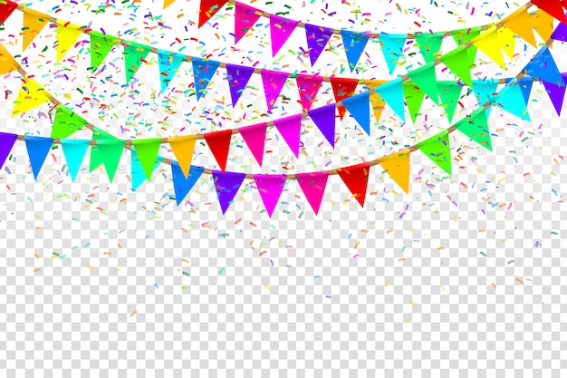 realistische Partyflaggen zur Dekoration und Abdeckung auf dem transparenten Hintergrund. Konzept von Geburtstag, Feiertag und Feier.