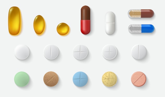 Realistische pillen set sammlung. vorlage von realismus stil gezeichnete medizinische behandlung kapseln tabletten aspirin antibiotika vitamine auf weißem hintergrund. illustration zur unterstützung von gesundheitswesen und medizin