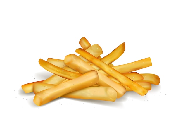 Realistische Pommes Frites Kartoffelsticks Stapel gebratene Vorspeisen Takeaway-Essen-Snacks Gesundes oder salziges Fastfood für das Kochen-Menü Gemüse gebratene Scheiben Haufen Vektor isolierte Illustration