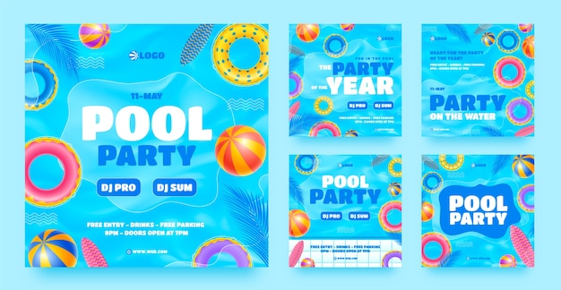 Vektor realistische poolparty bunte instagram-posts