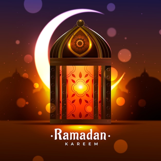 Realistische ramadan-illustration mit laterne und halbmond