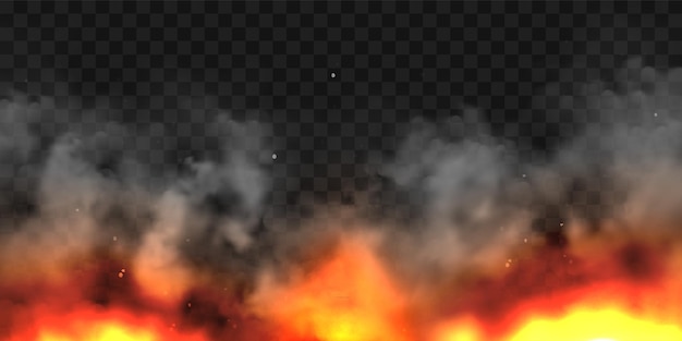 Realistische Rauchwolken und Feuer Flammenexplosion Rauchstrom von brennenden Objekten Waldbrände Transparenter Nebel-Effekt Weißer Dampfnebel Vektor-Designelement