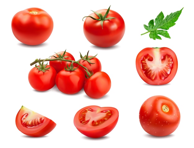 Realistische reife rohe tomatenhälfte und scheiben 3d-set