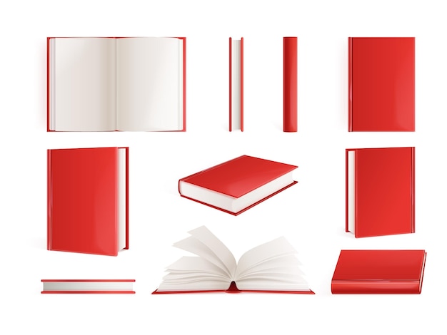 Vektor realistische rote bücher 3d-hardback- oder paperback-buch-mockup offene und geschlossene hardcover-büchsel mit leeren seiten volumen notizbuch isolierte enzyklopädie satz genaue vektorillustration