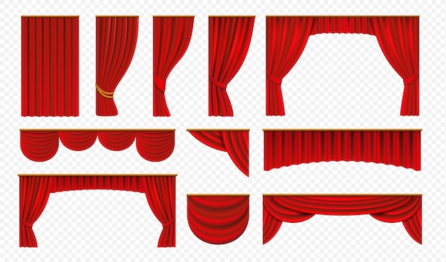 Realistische rote Vorhänge. Theaterbühnenvorhänge, luxuriöse Hochzeitsdekoration, Theatergrenzen