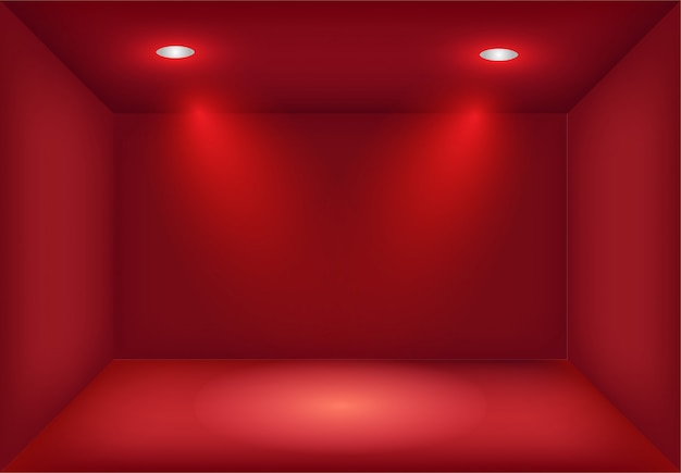 Vektor realistische rotlichtbox mit gekreuzten scheinwerfern oder projektor. ausstellungsraumbeleuchtung. leuchtkasten hintergrund für show, ausstellung. leere und leere vorlage für studio-interieur.