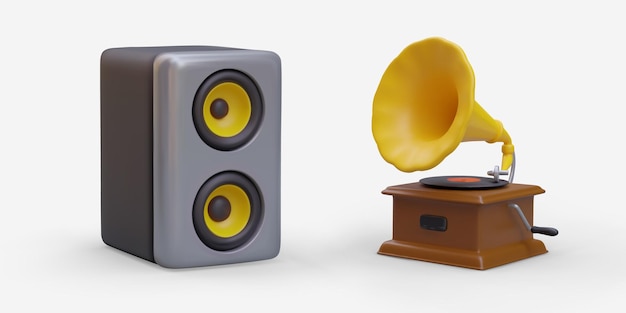 Realistische Säule und Grammophon Moderne und alte Ausrüstung für die Musikübertragung