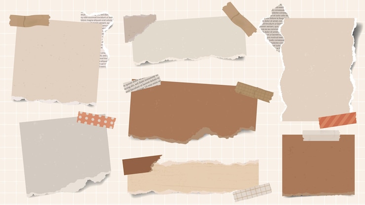 Realistische Sammlung von braunen zerrissenen Papierbögen mit Washi Tape