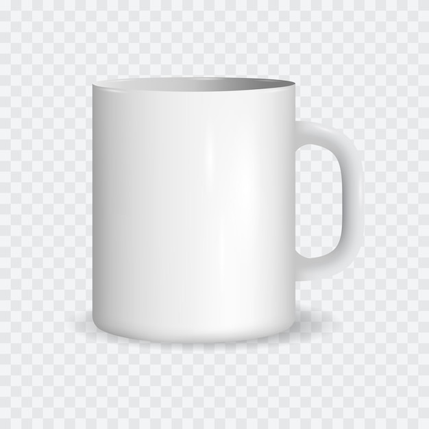 Realistische schablone leere weiße keramiktasse auf transparentem hintergrund leeres mockup für heißes flüssiges getränk kaffee oder tee getränkevektorillustration