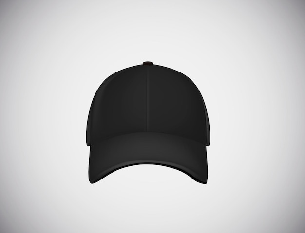 Realistische schwarze Baseballkappe der Vorderansicht isoliert auf weißem Hintergrund, Vektorgrafik