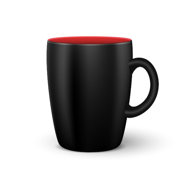 Realistische schwarze kaffee- oder teetasse mockup einer isolierten 3d-tasse mit rotem raum innerhalb von eps10