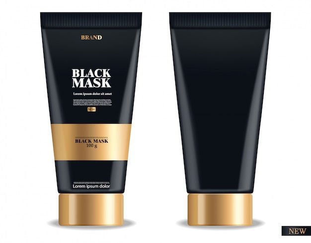 Realistische schwarze maske, schwarzes 3d-paket isoliert, markenkosmetik, holzkohle-gesichtsmaske, schönheitsprodukt