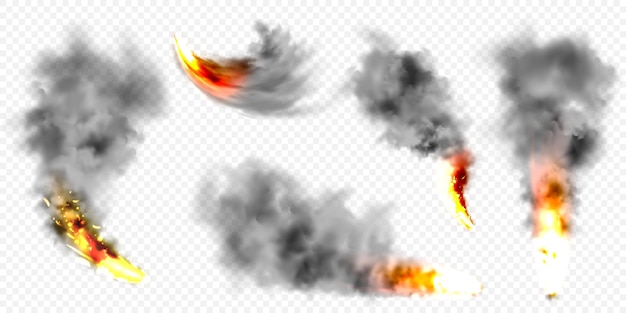 Realistische schwarze Rauchwolken und Feuerflammen Explosion Explosion Rauchstrom von brennenden Objekten