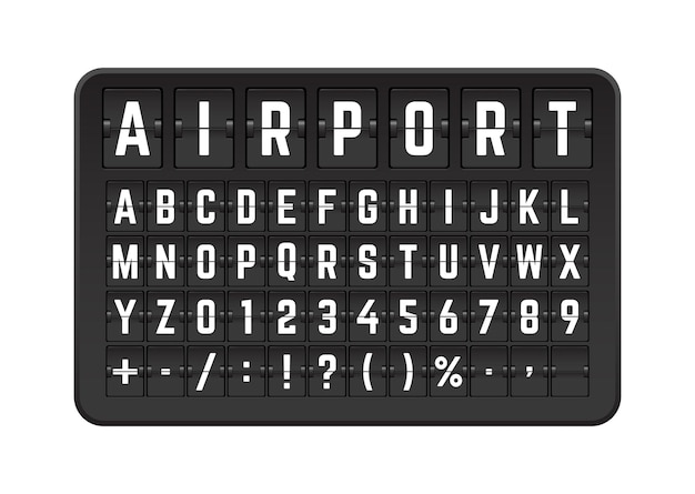 Vektor realistische scoreboard-terminal-flipboard-schriftvorlage für abflüge und ankünfte.