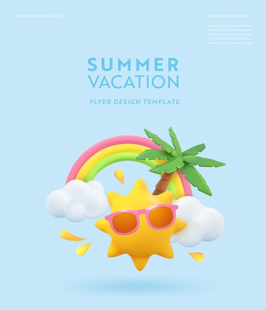 Vektor realistische sommer 3d-flyer-design. rendern sie tropische palme der szene, sonne, regenbogen, wolke. tropische strandobjekte, holiday web poster, banner, saisonbroschüre, cover. sommer moderner hintergrund