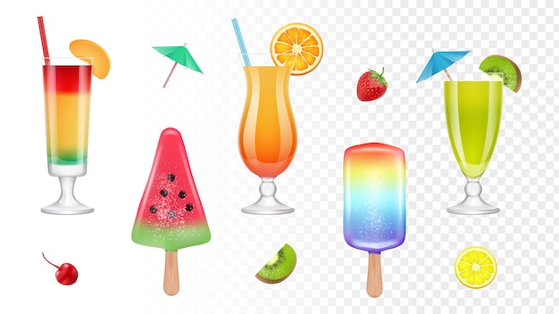 Realistische sommersüßigkeiten. frischer saft, cocktails und eis. karikatur flache illustration