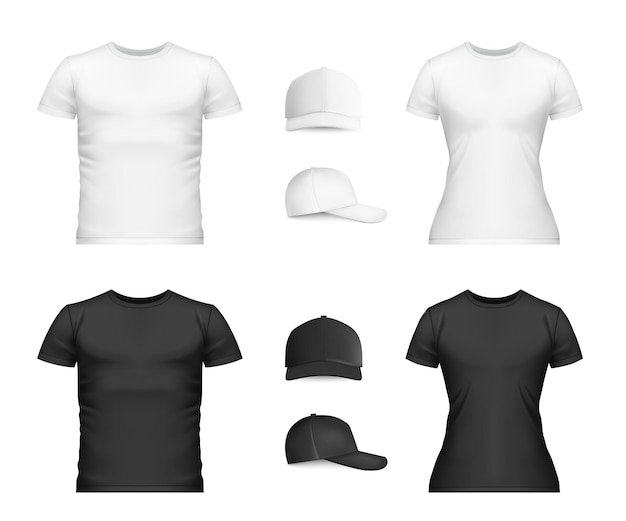 Realistische T-Shirt-Baseballmütze-Mockup-Icon-Set weiße und schwarze Hemden und Mützen für Männer und Frauen-Vektor-Illustration