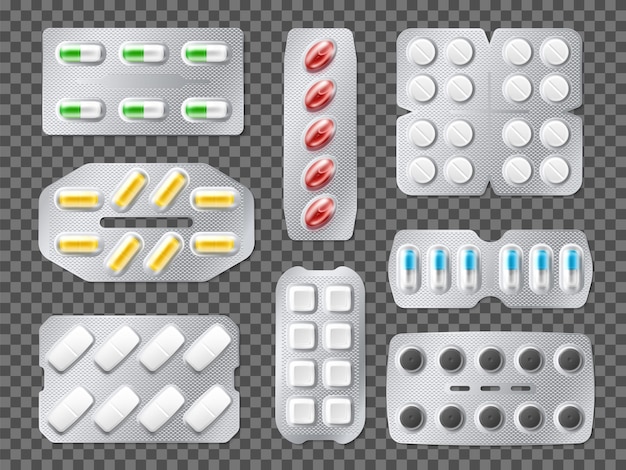 Realistische tablettenblister, medikamente und pillen in folienverpackung, pharmazeutische kapseln, medikamente in speziellen behältern, schmerzmittel oder vitamin-vektor-pakete mit verschreibungspflichtigen arzneimitteln