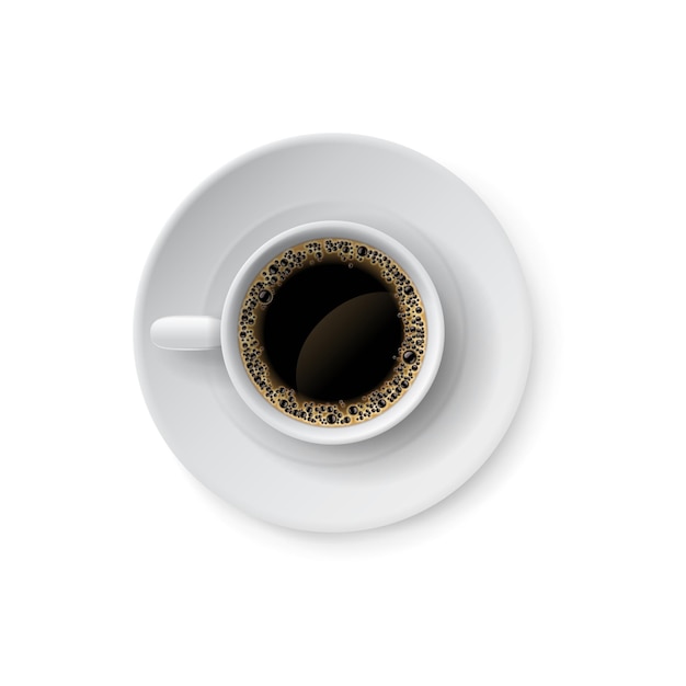 Realistische Tasse mit schwarzem Kaffee. Weiße Espressotasse und Untertasse. Keramikgeschirr für heiße Koffeingetränke. Seitenansicht des Porzellangeschirrs. Isoliertes Cafeteria-Menüelement. Vektorgetränkeausgabe