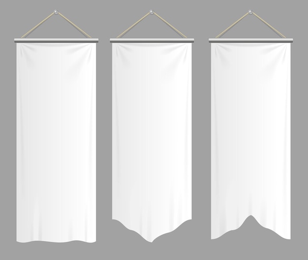 Realistische Textilbanner mit Falten stellen leere leere Mock-Ups ein. Vektor-Illustration