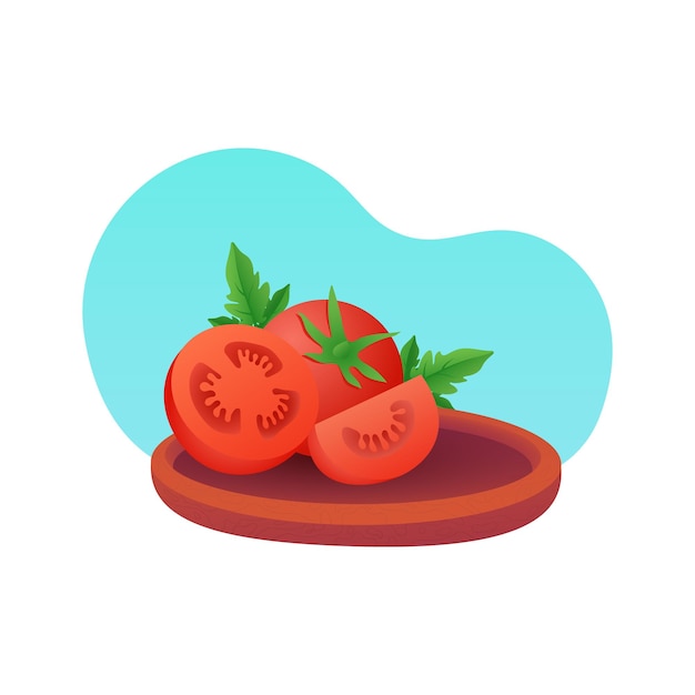 Realistische Tomatenillustration, Gemüse, Blätter, Holzplatte,