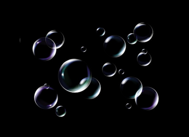 Realistische transparente Seifenblase auf schwarzem Hintergrund Seifenblasenset mit grellen Blasen