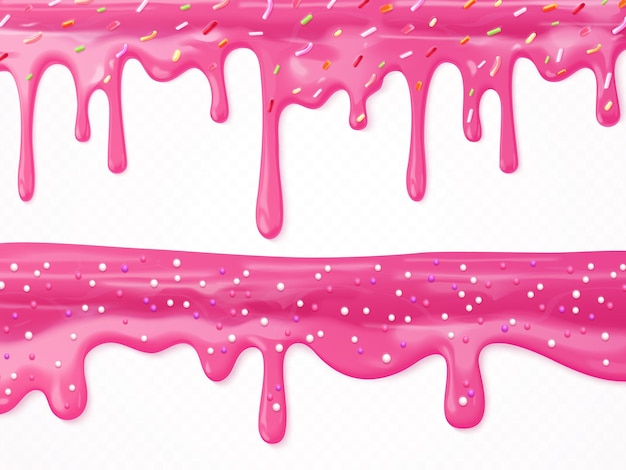 Realistische tropfende Glasur Rosa Donut-Glasur mit farbigen Spränkeln Süßcreme oder Tropf-Tropf geschmolzenes Süßigkeiten Donuts Glasur Grenze 3D-Textur Joghurt-Sirup genaue Vektor-Illustration
