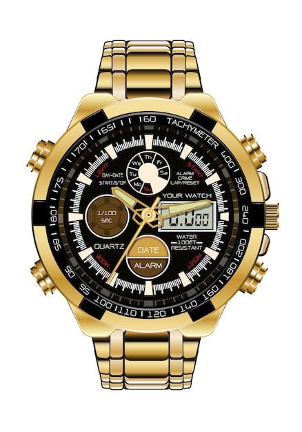 Vektor realistische uhr chronograph uhr gold schwarz.