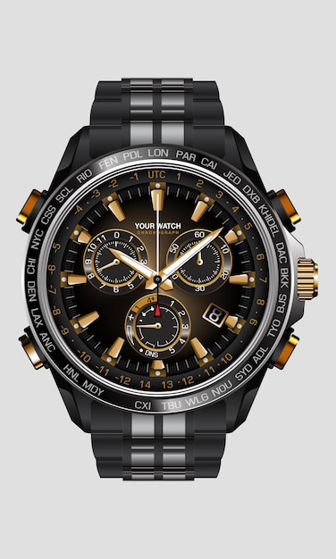 Realistische Uhruhr Chronograph schwarz Stahl Gold Nummer Luxus auf weißem Hintergrund Design für Männer auf weißer Illustration.