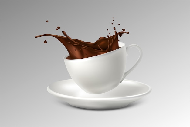 realistische Vektor-Ikonen-Illustration Weißer Becher mit Untertasse und Kaffeespritz
