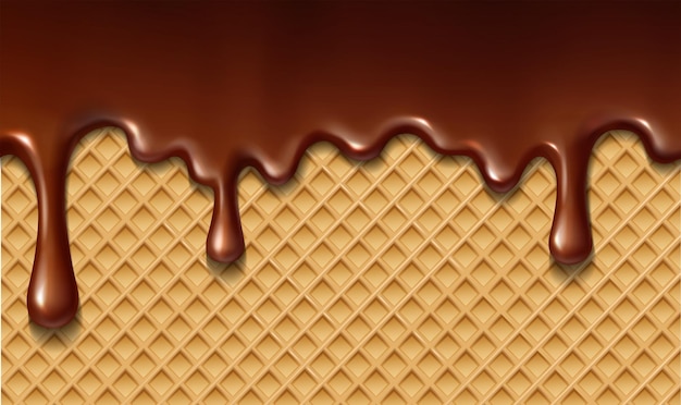 realistische Vektorillustration flüssige heiße Schokolade tropft auf dem Wafer