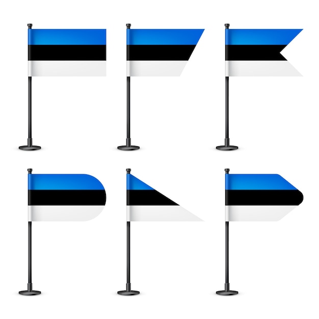 Vektor realistische verschiedene estnische tischflaggen auf einem schwarzen stahlpfahl souvenir aus estland schreibtischflagge aus