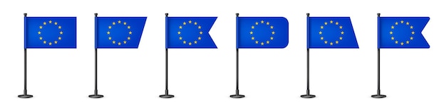 Vektor realistische verschiedene europäische tischflaggen auf einem schwarzen stahlpfahl souvenir aus europa schreibtischflagge aus