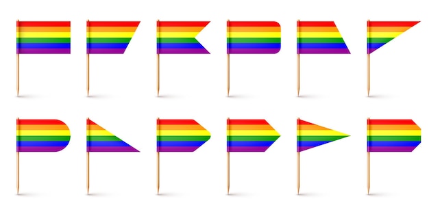 Vektor realistische verschiedene zahnstocherflaggen holz zahnstocher mit regenbogen lgbtq papierflagge leeres modell für