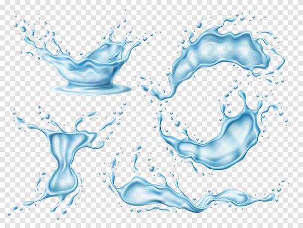 Realistische Wassersprünge 3D-isolierte klare Spritzwasser Frische und Reinheit Aqua fließende und fallende blaue Tropfen flüssige Wellen mit Wirbeln transparente Elemente äußere Vektor-Satz