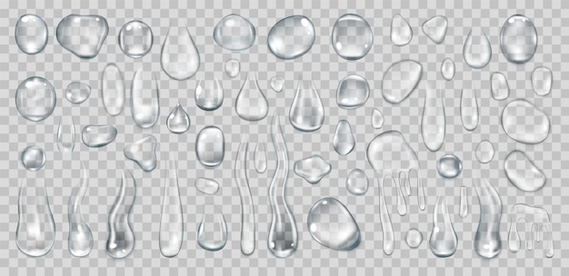 Realistische Wassertropfen, isoliert auf durchsichtigem Hintergrund Vektorillustrationssatz
