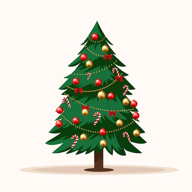 Vektor realistische weihnachtsbaum-illustration, die mit weihnachtlichen schmuckstücken und süßigkeiten geschmückt ist