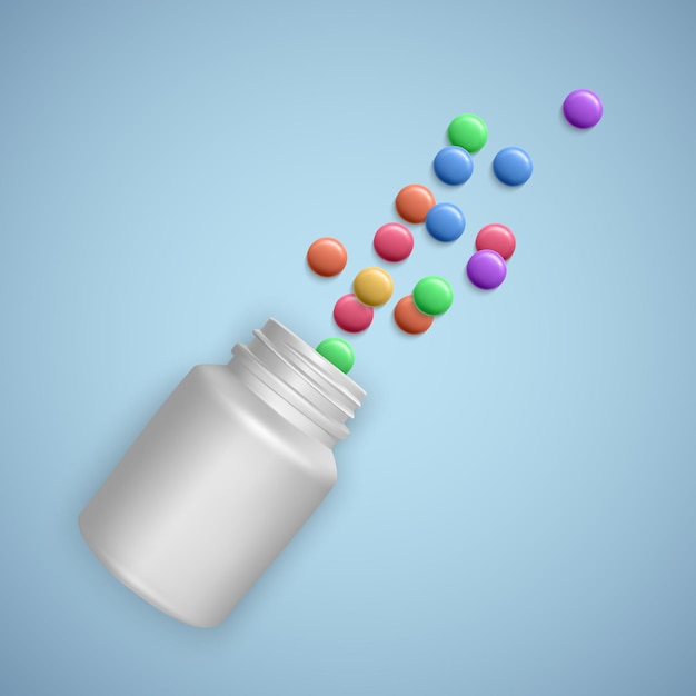 Realistische weiße flasche mit pillen. behälter für medizinische kapseln mit kapseln, tabletten. 3d-illustration