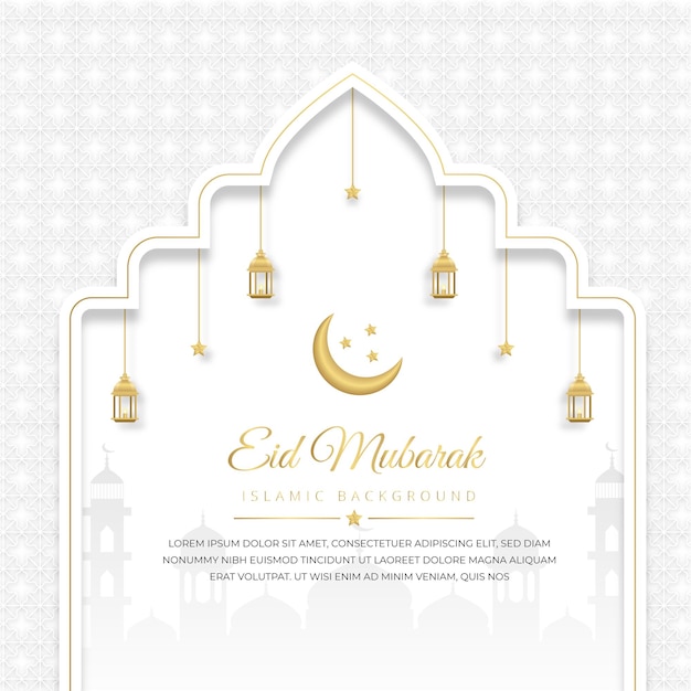 Realistische weiße Grußkarte eid mubarak mit Kerzen und Moschee