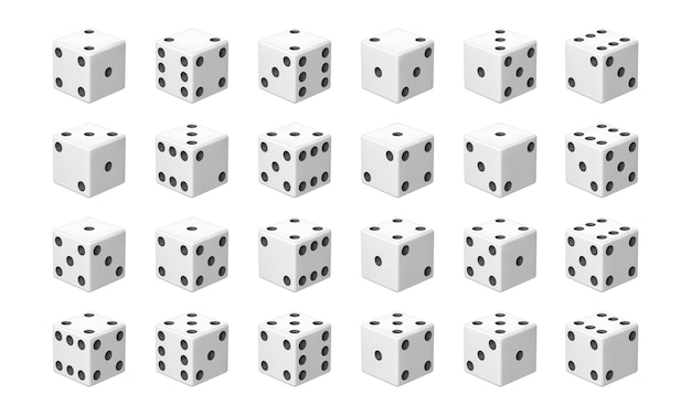 Vektor realistische würfel weiße glücksspielwürfel mit schwarzen punkten spielentscheidungsinstrument blick von verschiedenen seiten auf 3d-craps casino-tools mit glücks- oder verlustkombination vektor-glücksspiel-set