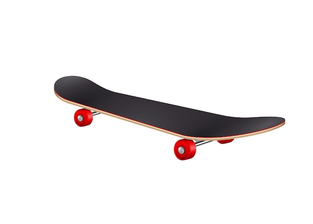 Vektor realistische zusammensetzung der skateboards mit lokalisiertem bild des skateboards mit roten rädern auf leerer hintergrundvektorillustration