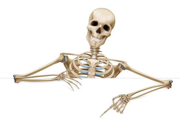 Realistische zusammensetzung der skelettgeste mit halbskelettrahmen mit den händen, fingern und schädel auf leerer hintergrundvektorillustration