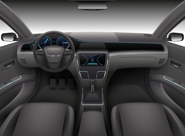 Realistischer Autoinnenraum mit Steuer, Armaturenbrettfrontplatte und Selbstwindschutzscheibe vector Illustration