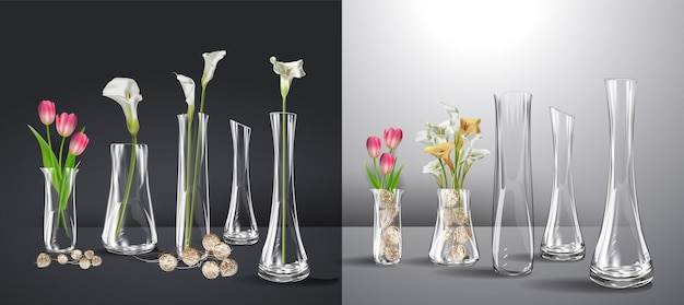 Realistischer blumenstrauß in einem glas wasser leere glasvase realistisches modell